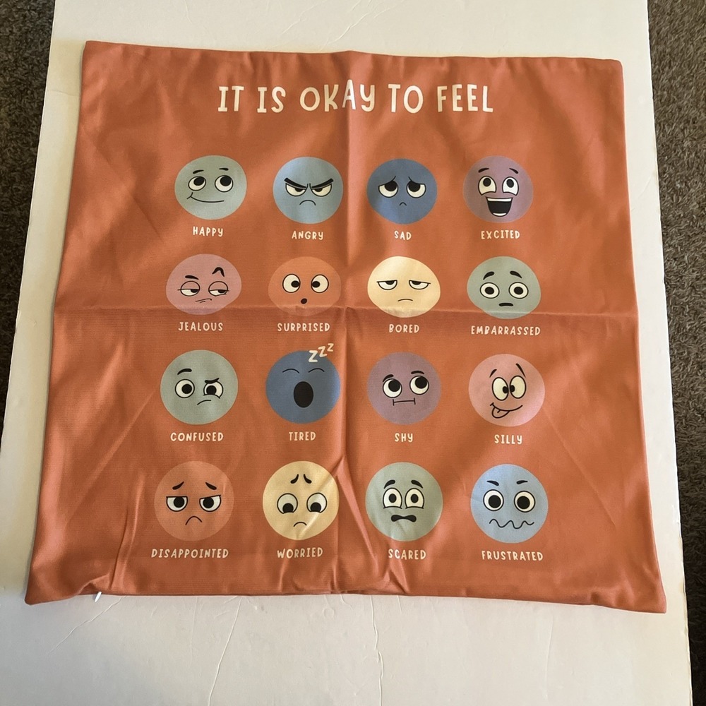 It's Okay To Feel Square Pillow Cover 18x18 Emoji Faces Zipper Double Sided C926
